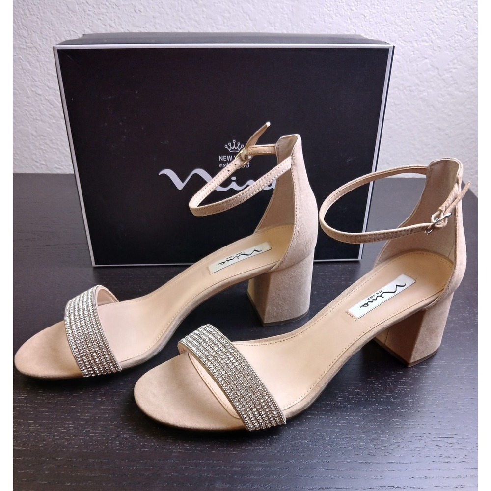 Nina Eloise-FY Alamo Tan Glam Suede Rhinestone Block Heel Sandals 10M